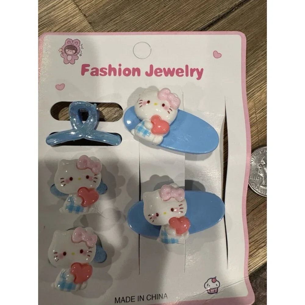 Hello Kitty Fashion Colorful Blue Pink Hearts Barrette Hair Clip for Girls 5 PC